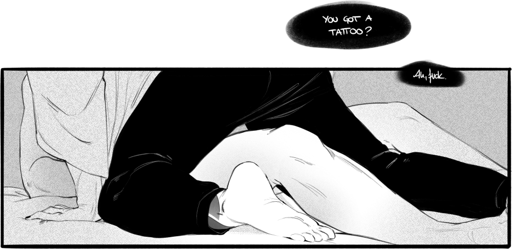 Digital art depicting Geto Suguru on his hands and knees over Gojo Satoru who's leaning back on the bed. Their heads aren't visible within the frame, but where Satoru is apparently entirely naked, Suguru is almost fully clothed, save for his bare feet poking out the bottom of his hakama. A hint of a tattoo is peeking out at his ankle. A speech bubble to the top right of the image reads, 'You got a tattoo?', to which Suguru responds, 'Ah, fuck.'