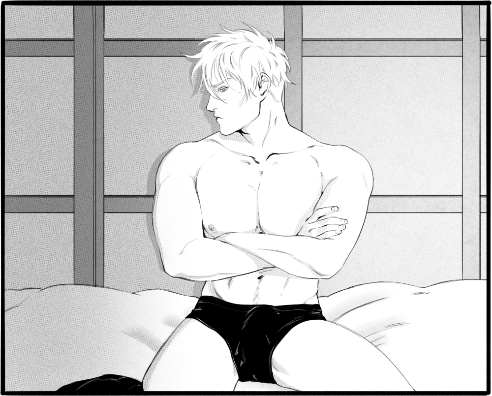 A drawing of Satoru leaning back against the wall, seated on the futon in nothing but black boxer briefs, arms crossed and pouting.