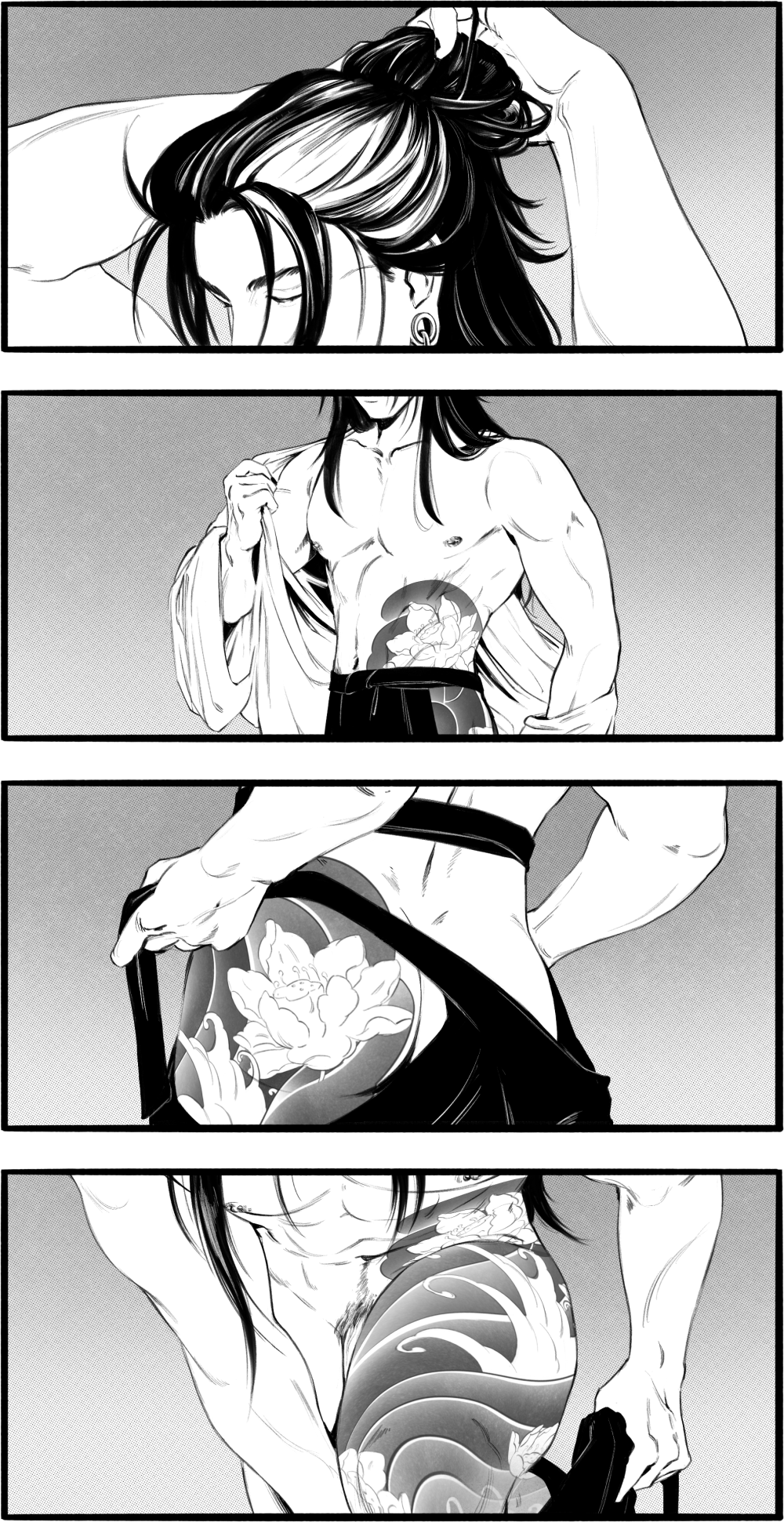 Four panels of Geto Suguru undressing, first loosening his hair, then taking his robe off, followed by his hakama. With each panel we progressively get to see more of his tattoo which runs from his abdomen down his entire left leg, a vortex adorned with waves and lotus blooms in irezumi style.
