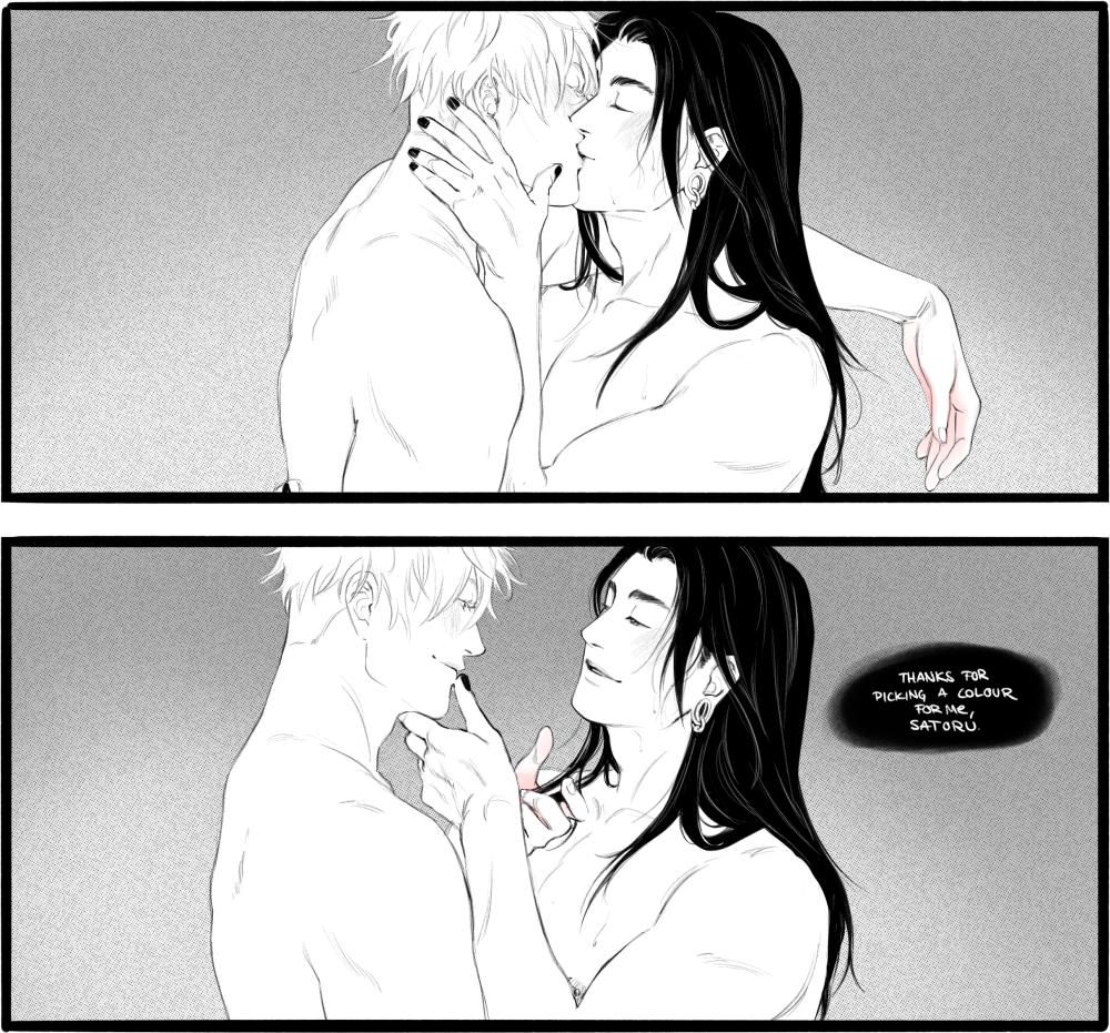 Two panels of Satoru and Suguru, now standing. In the first one, they share a sweet kiss. In the second one, Suguru is lifting Satoru's chin with his hand, his thumb resting on Satoru's lower lip. A speech bubble to the right reads 'Thanks for picking a colour for me, Satoru.'